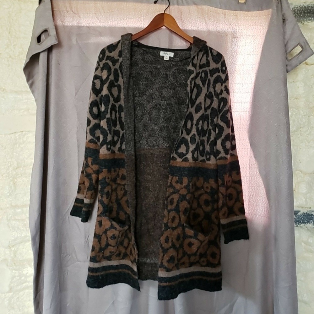 Style&co. Cardigan Sweater Womens Medium Brown Animal Print Hooded Open Front